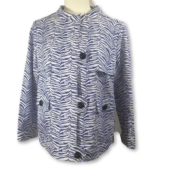 Carlisle Animal Print Safari Blazer Button Down Jacket Blue & White Size 4 Small - Picture 1 of 8